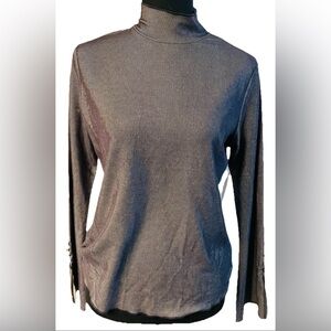 Indigo Bloom Mock Neck Long Sleeve Top Pinstripe Metallic flowy button Cuffs szM